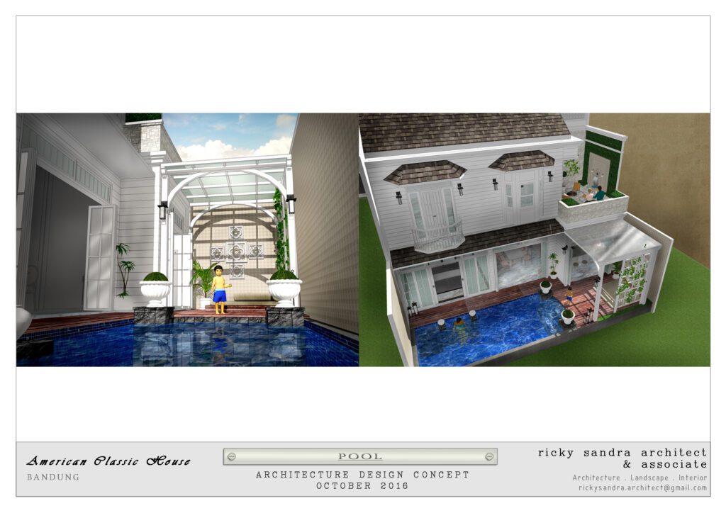 Desain Pool American Classic House di Bandung dengan style Colonial